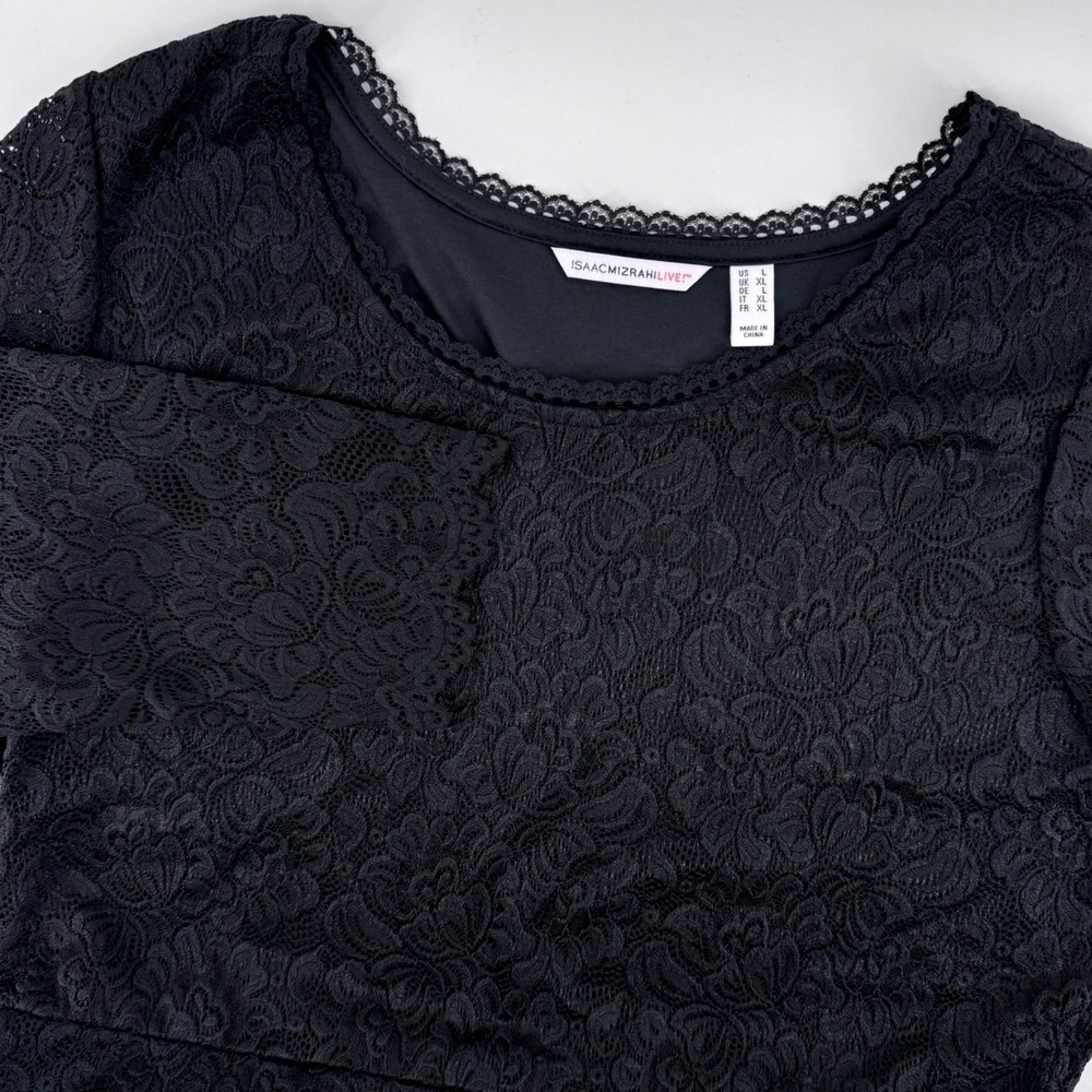 Isaac Mizrahi Live Womens Large Black Floral Lace Peplum Top 3/4 Sleeve Romantic